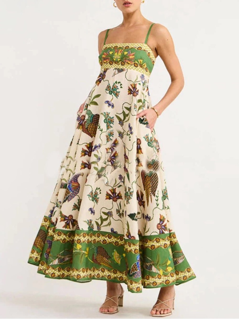 vestique Green and White Floral Bird Maxi Dress